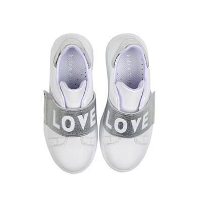 Lovely Yazılı Lastikli Deri Kız Çocuk Ayakkabı Beyaz