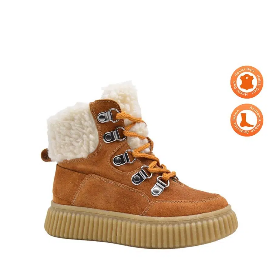 Dinos Peluş Kürk Yaka Detaylı Bağcıklı Ve Fermuarlı Deri Kız Çocuk Bot Tarçın