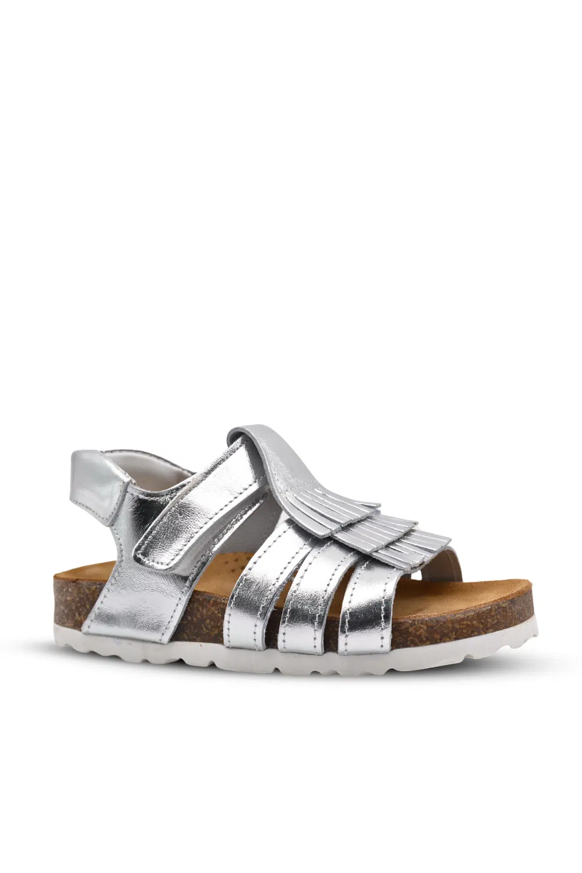 Loren Tek Cırtlı Püsküllü Deri Kız Çocuk Sandalet Gümüş